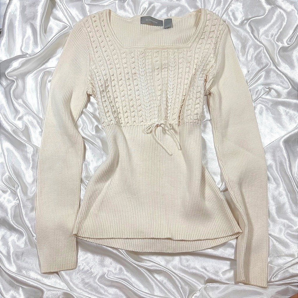 Vintage Liz Claiborne Sweater Cream Excellent Cable Knit Square Neck Tie Waist M